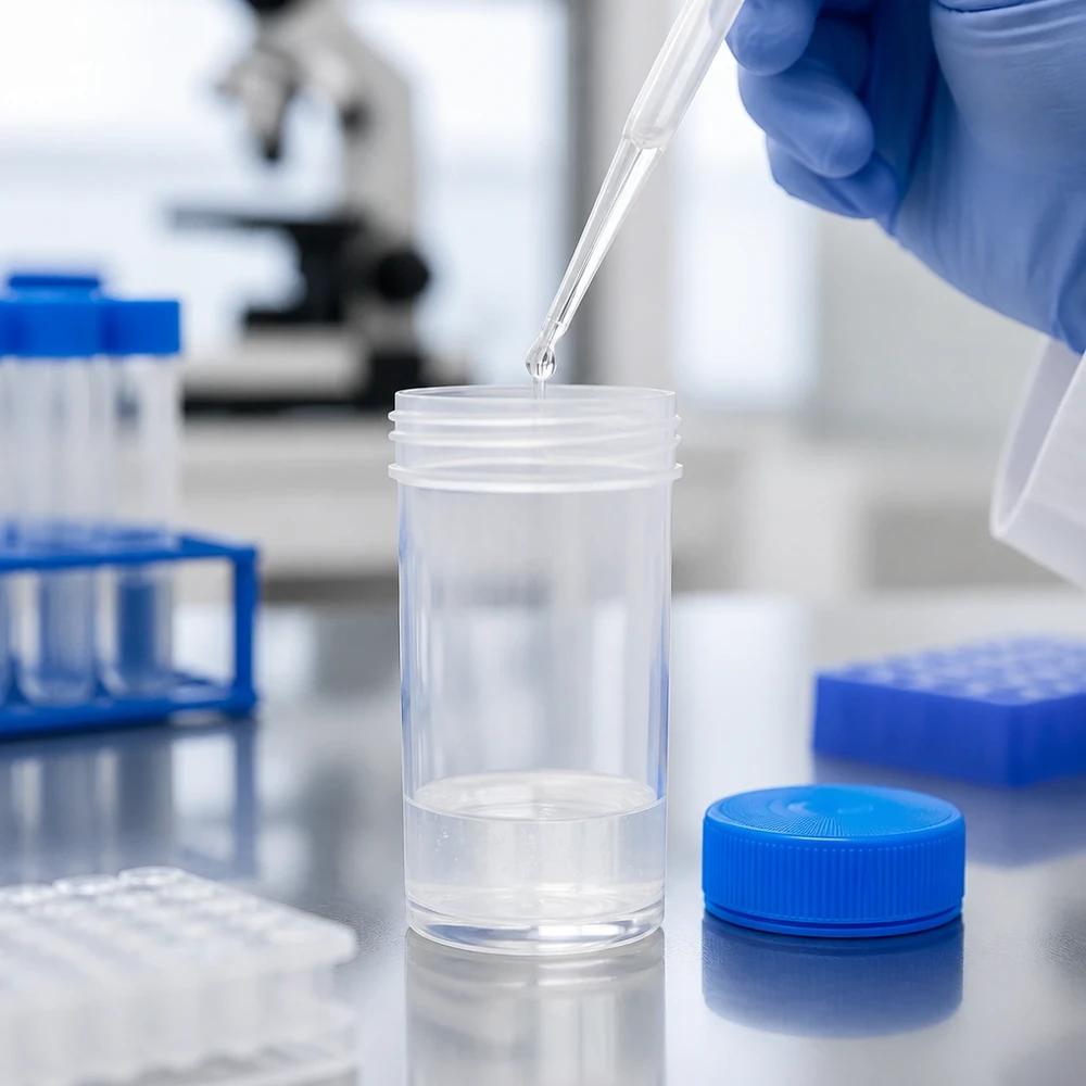 Kunststoffdose 50ml Pathogefäß transparent mit blauem Deckel im Labor für professionellen medizinischen Einsatz
