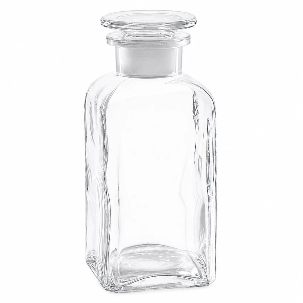 Vierkantflasche 350ml klar Weithals Glasstopfen Vierkantflasche 350ml Klarglas Weithals mit Glasstopfen für gewerblichen Einsatz Pacadura