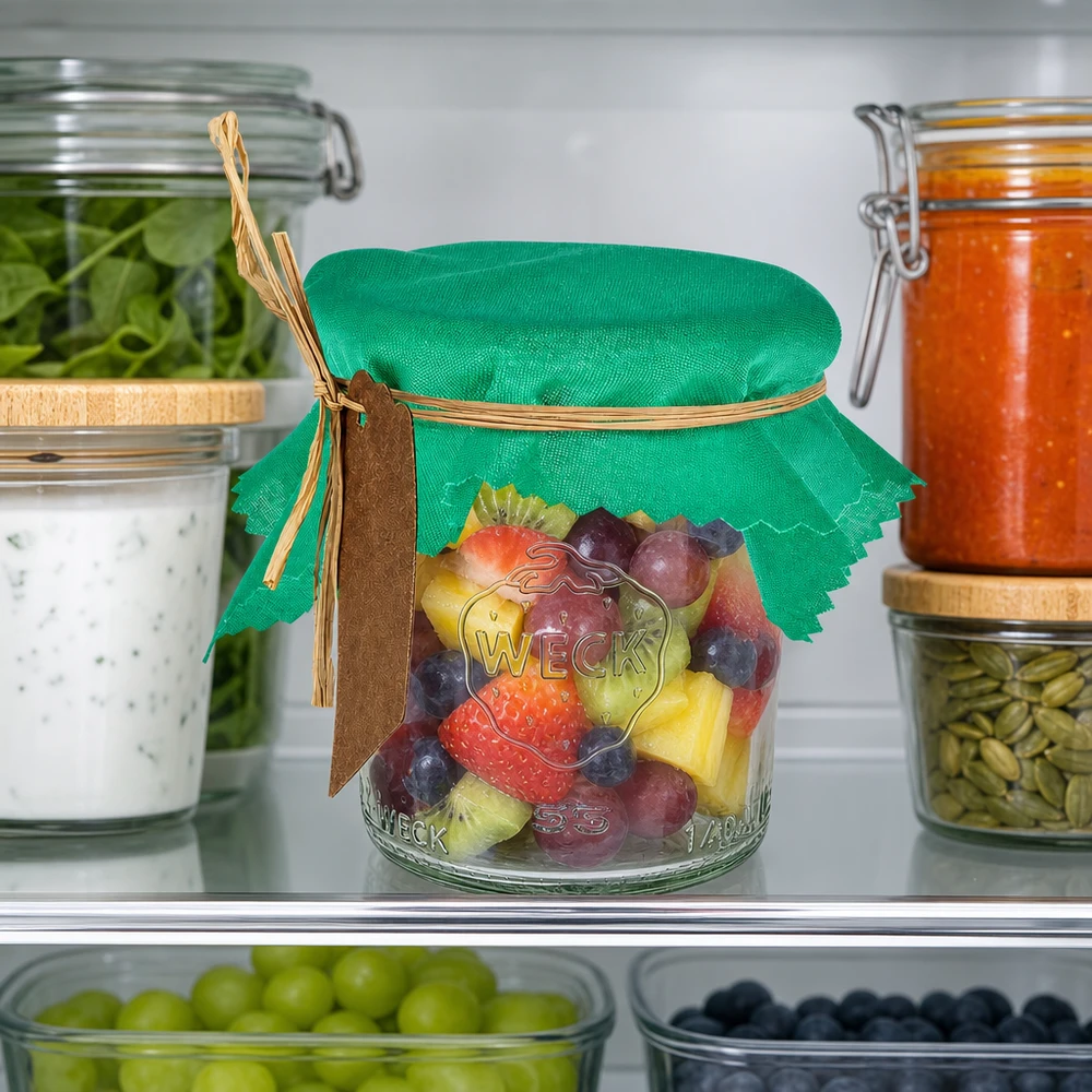 Stoff Schmuckdeckchen grün 12cm eckig Grünes Stoff Schmuckdeckchen 12cm eckig auf Obstsalat Weckglas im Kühlschrank zwischen Vorratsbehältern