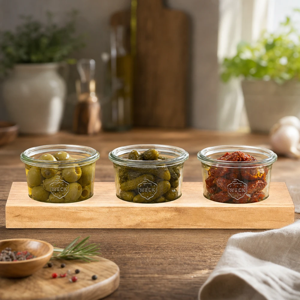 Servierbrett Plano3 mit 3 Weck Sturzgläsern 80ml Stilvolles Holzservierbrett mit 3 Weck Gläsern gefüllt mit Oliven und getrockneten Tomaten in moderner Küche