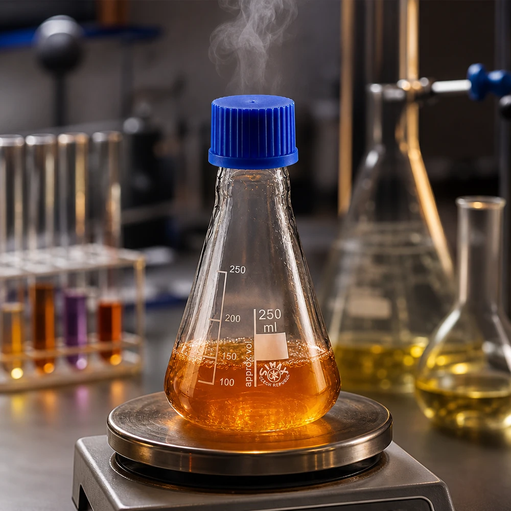 Erlenmeyerkolben 250ml Glas mit blauer Schraubkappe für professionelle Laboranwendungen bei Pacadura.de