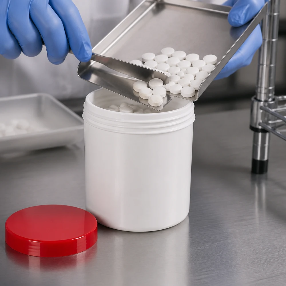 Salbenkruke 300g weiß PP-Kunststoff mit rotem Schraubdeckel für pharmazeutische Abfüllung