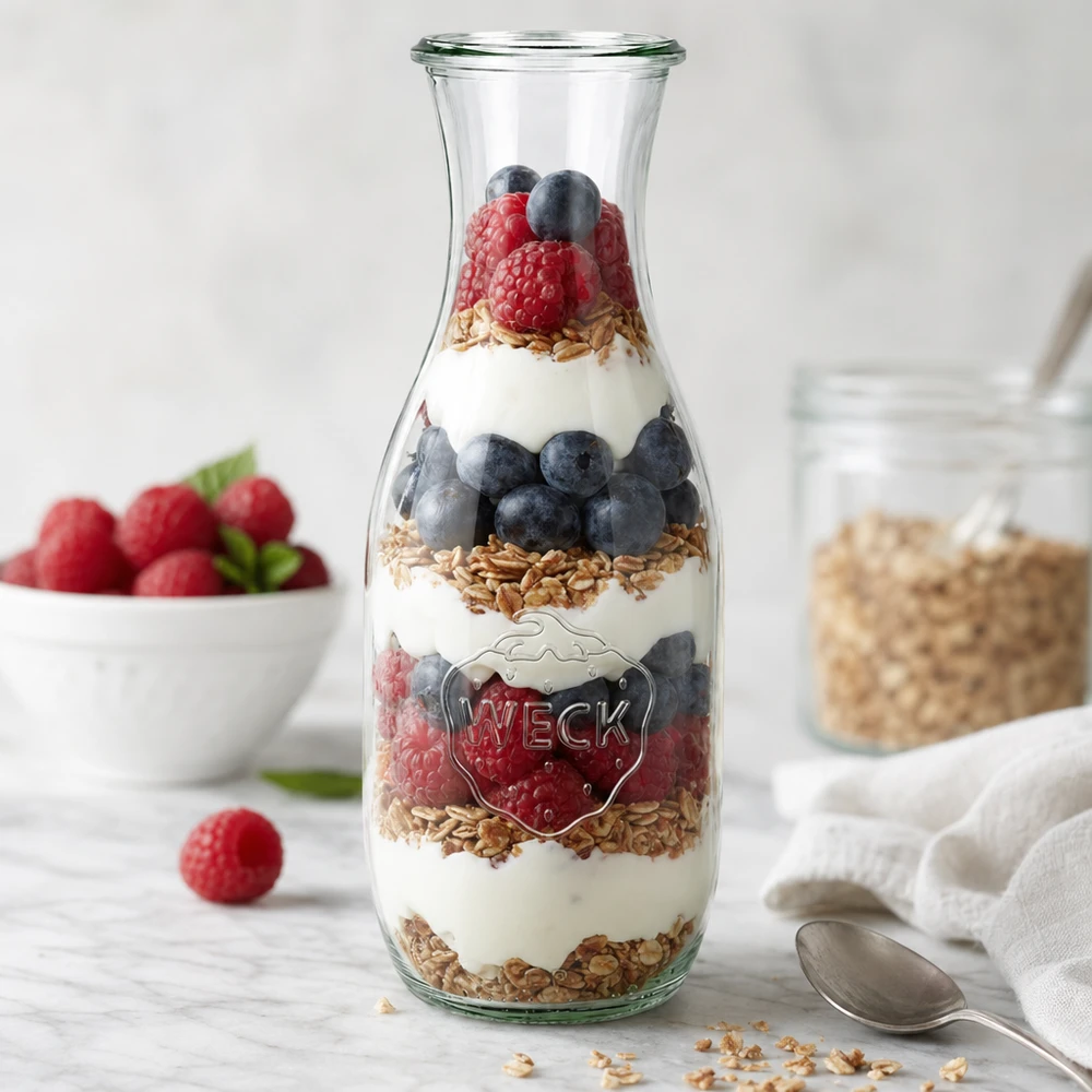 1062ml Saftflasche WECK RR60 WECK Saftflasche 1062ml RR60 als Parfaitglas mit Joghurt Beeren Granola geschichtet neben Löffel und Früchten