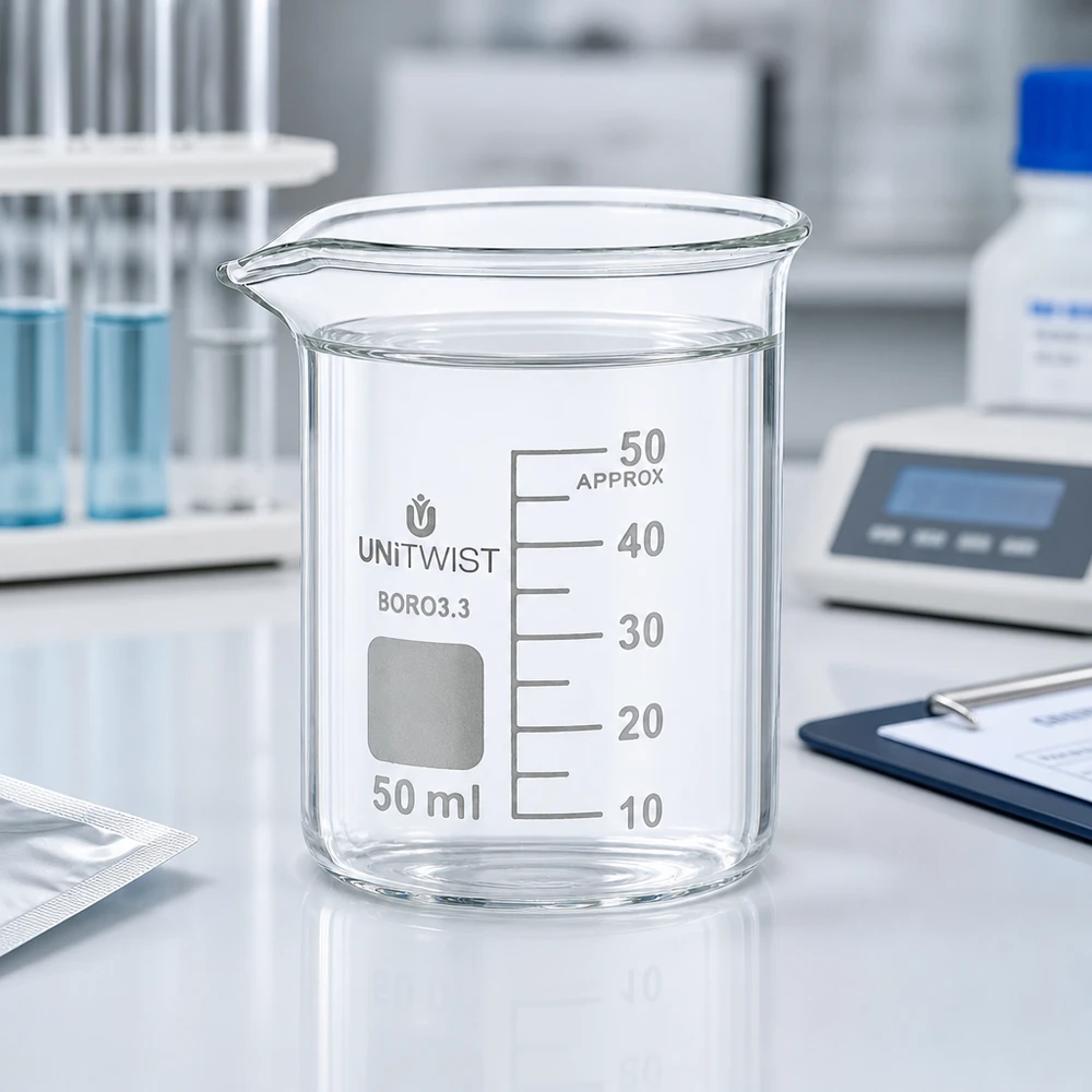 Becherglas 50ml Borosilikat, niedrige Form UNiTWIST Becherglas 50ml Borosilikat niedrige Form UNiTWIST für professionellen Laboreinsatz im Fachhandel