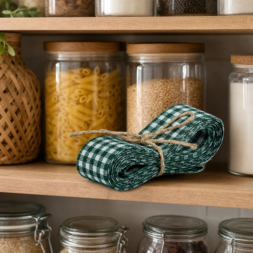 Stoffband grün/weiss zum Dekorieren 300cm Grün-weißes Stoffband 300cm auf Küchenregal zwischen Vorratsgläsern mit Pasta und Reis als Pantry-Dekoration