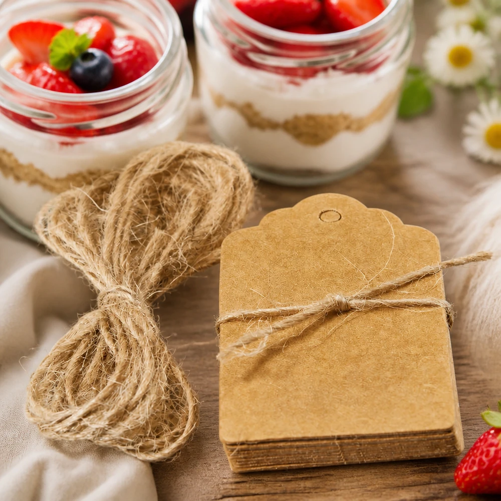 Anhänger 30x50mm mit Kordel (Pack(s) mit 10 Stück) Braune Kraftpapier-Anhänger mit Kordel als Geschenkdekoration neben Dessertgläsern mit Beeren auf Holztisch