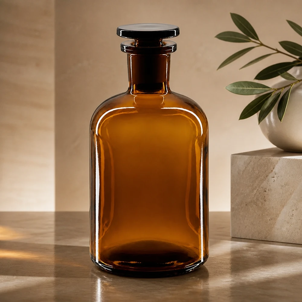 Rundschulterfl. 250ml braun Enghals Glasstopfen Braune Enghals-Rundschulterflasche 250ml aus Glas mit Glasstopfen für professionellen Laboreinsatz