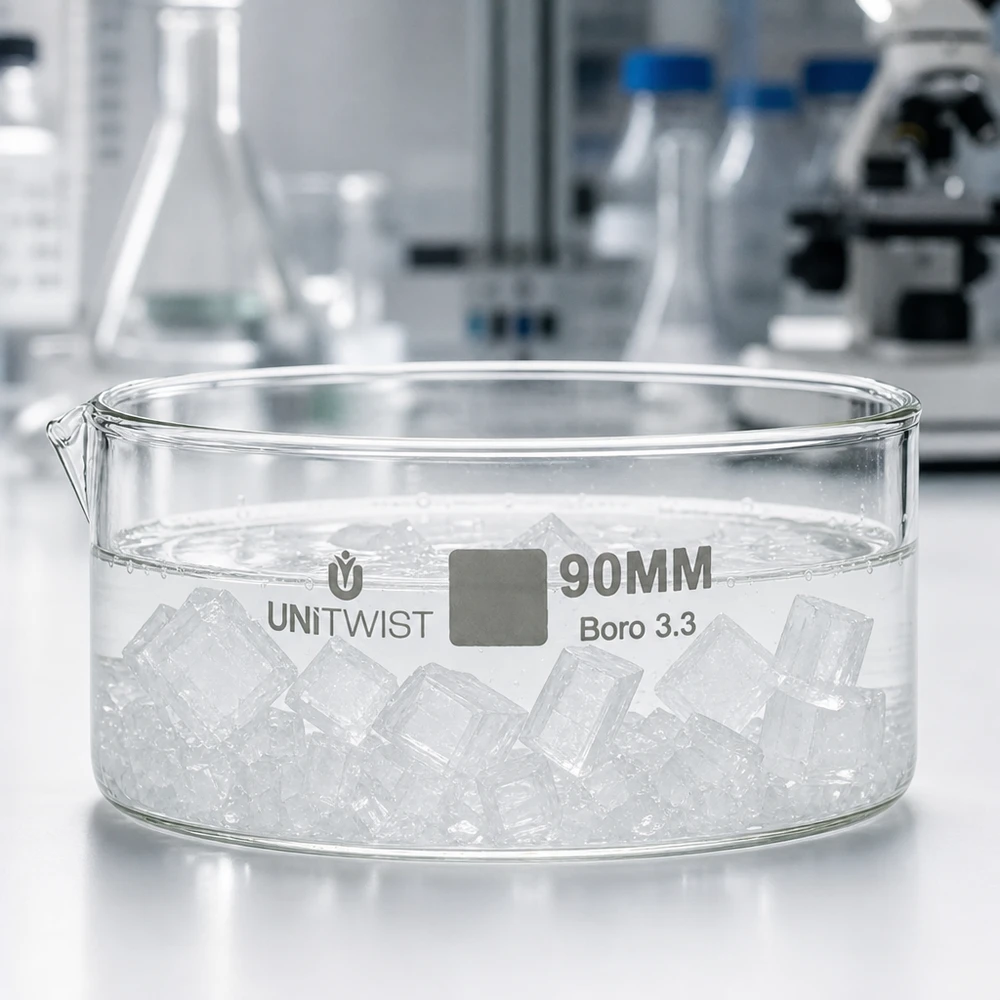 Kristallisierschale 90mm Borosilikatglas Boro 3.3 UNiTWIST mit Eiswürfeln im Labor