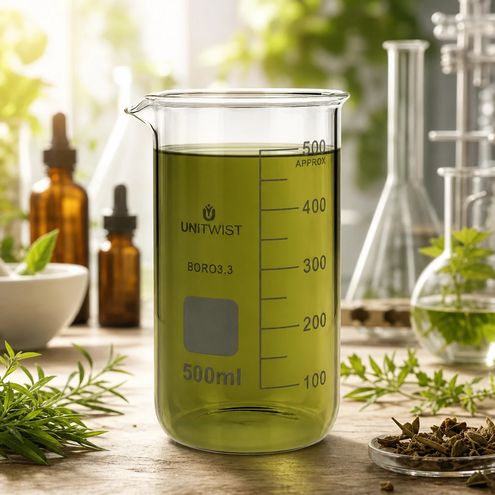 Becherglas 500ml Borosilikat hohe Form UNITWIST für Labor und Gewerbe mit grüner Flüssigkeit