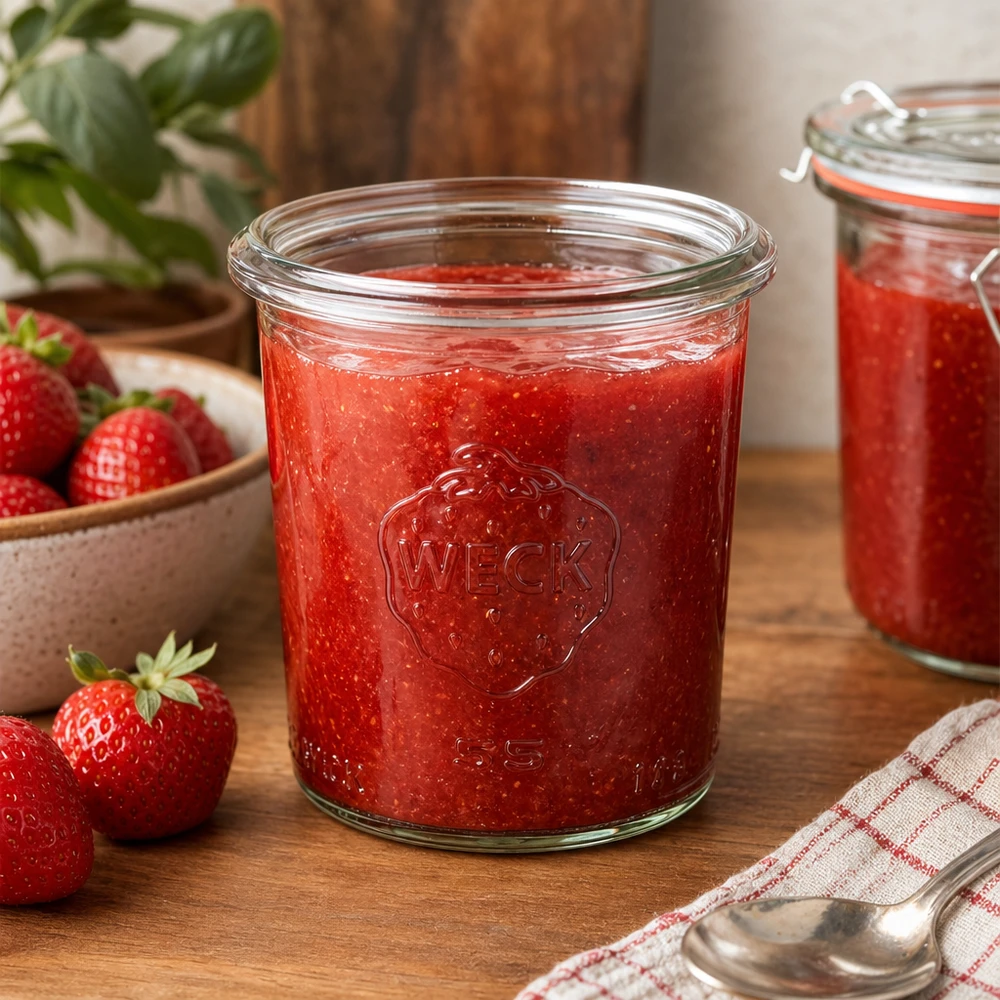 140ml Sturzglas WECK RR60 140ml WECK Sturzglas RR60 mit selbstgemachter Erdbeermarmelade gefüllt auf Holztisch mit frischen Erdbeeren