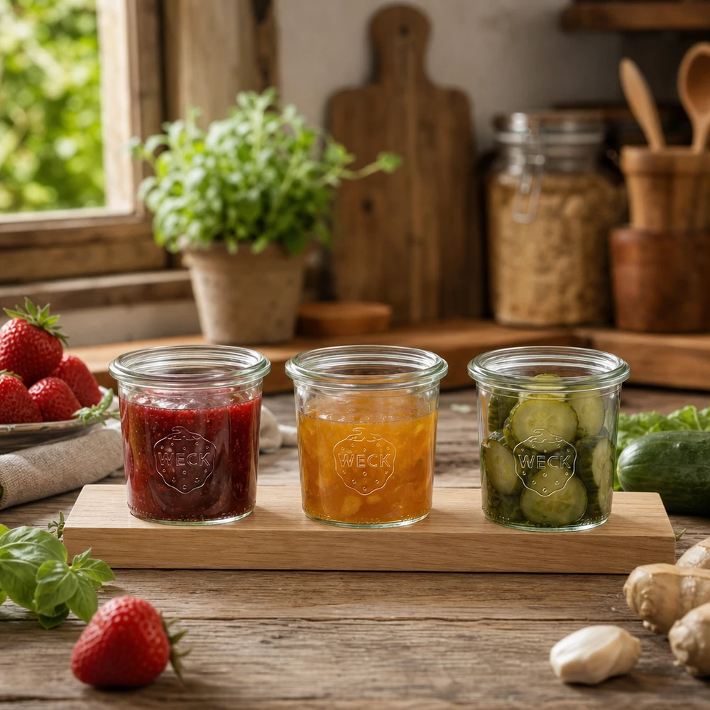 WECK Gläser 140ml auf Servierbrett mit Marmelade und eingelegten Gurken in rustikaler Küche mit Kräutern