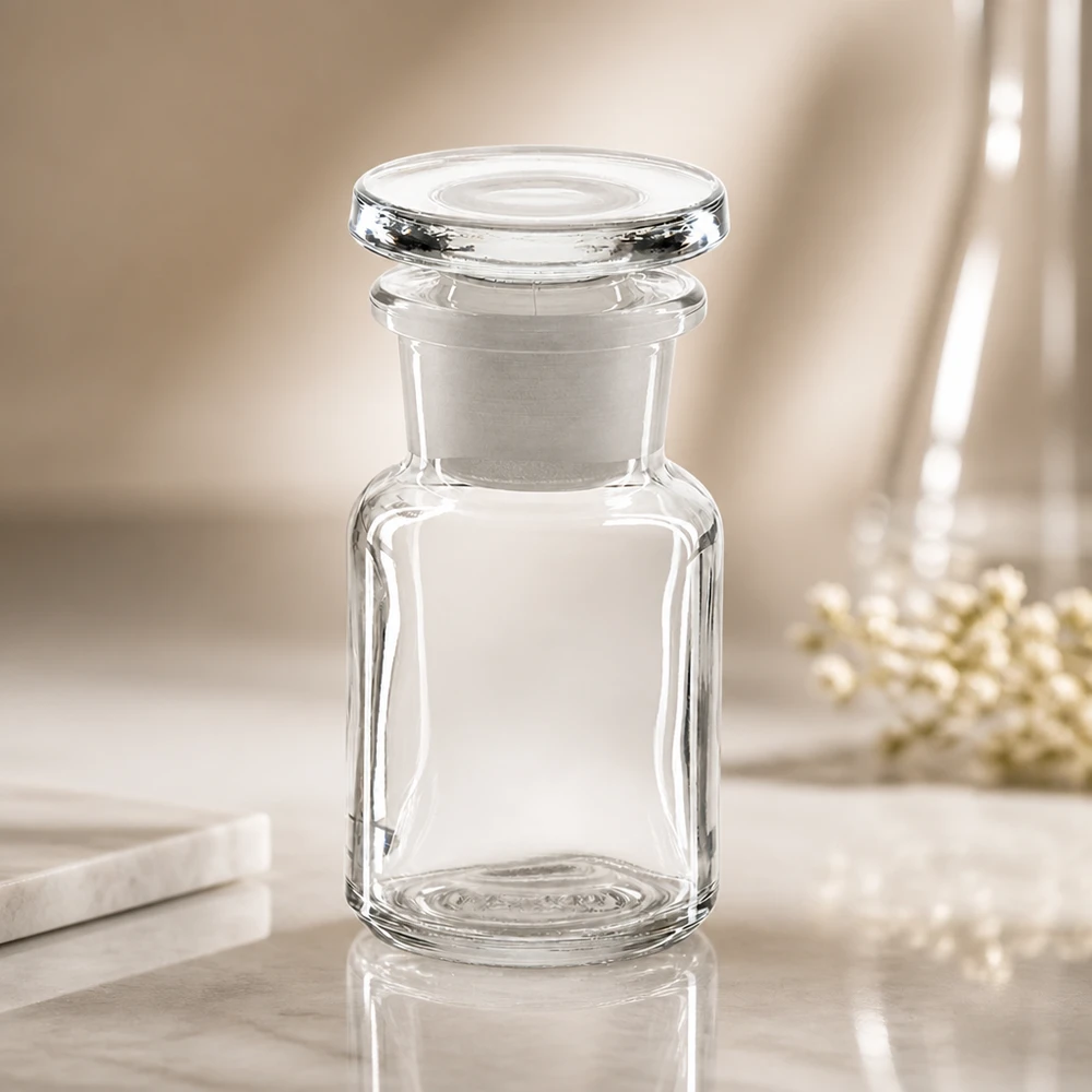 Klare Weithalsflasche 50ml mit Glasstopfen Rundschulter für professionellen Laboreinsatz