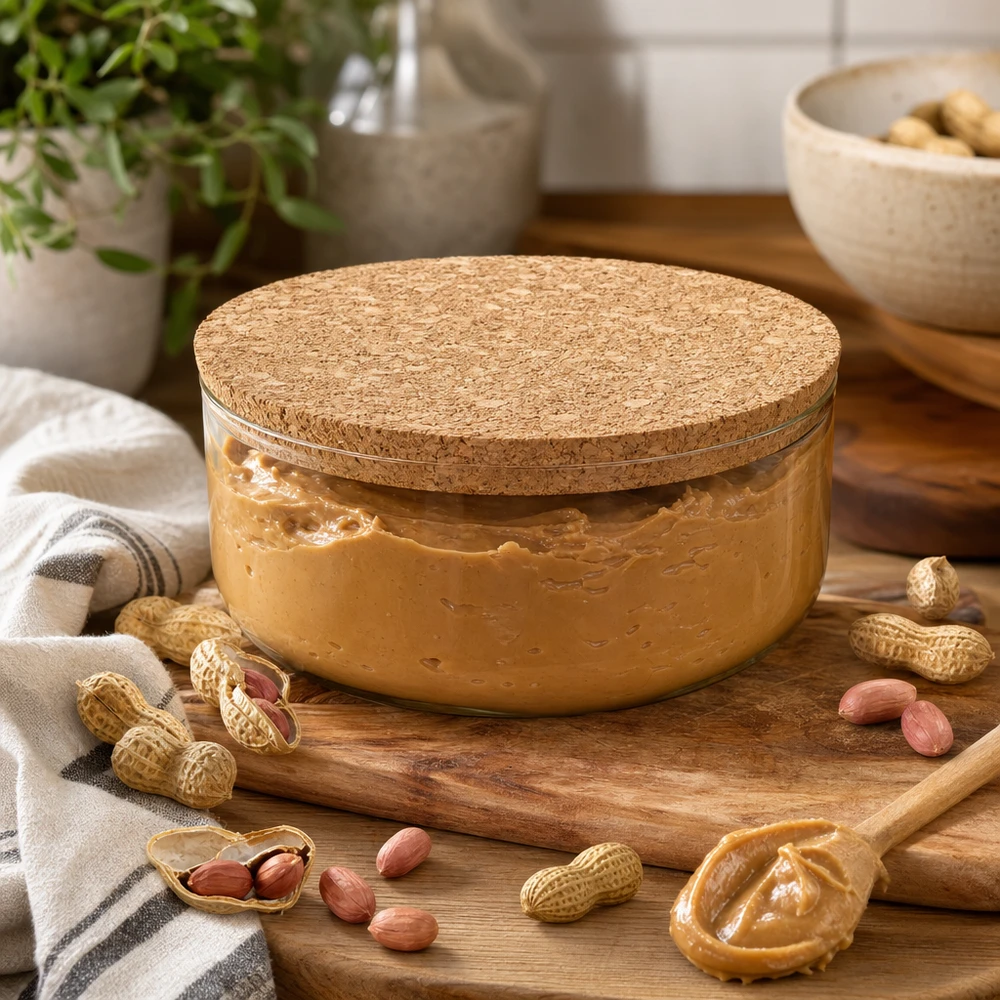 WECK RR80 Korken Naturkork in gemütlicher Küche mit Erdnussbutter Glas Erdnüssen praktische Vorratshaltung