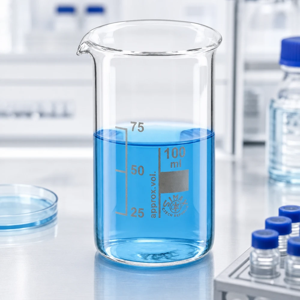 Becherglas 100 ml hohe Form aus Borosilikatglas mit blauer Flüssigkeit für professionellen Laboreinsatz