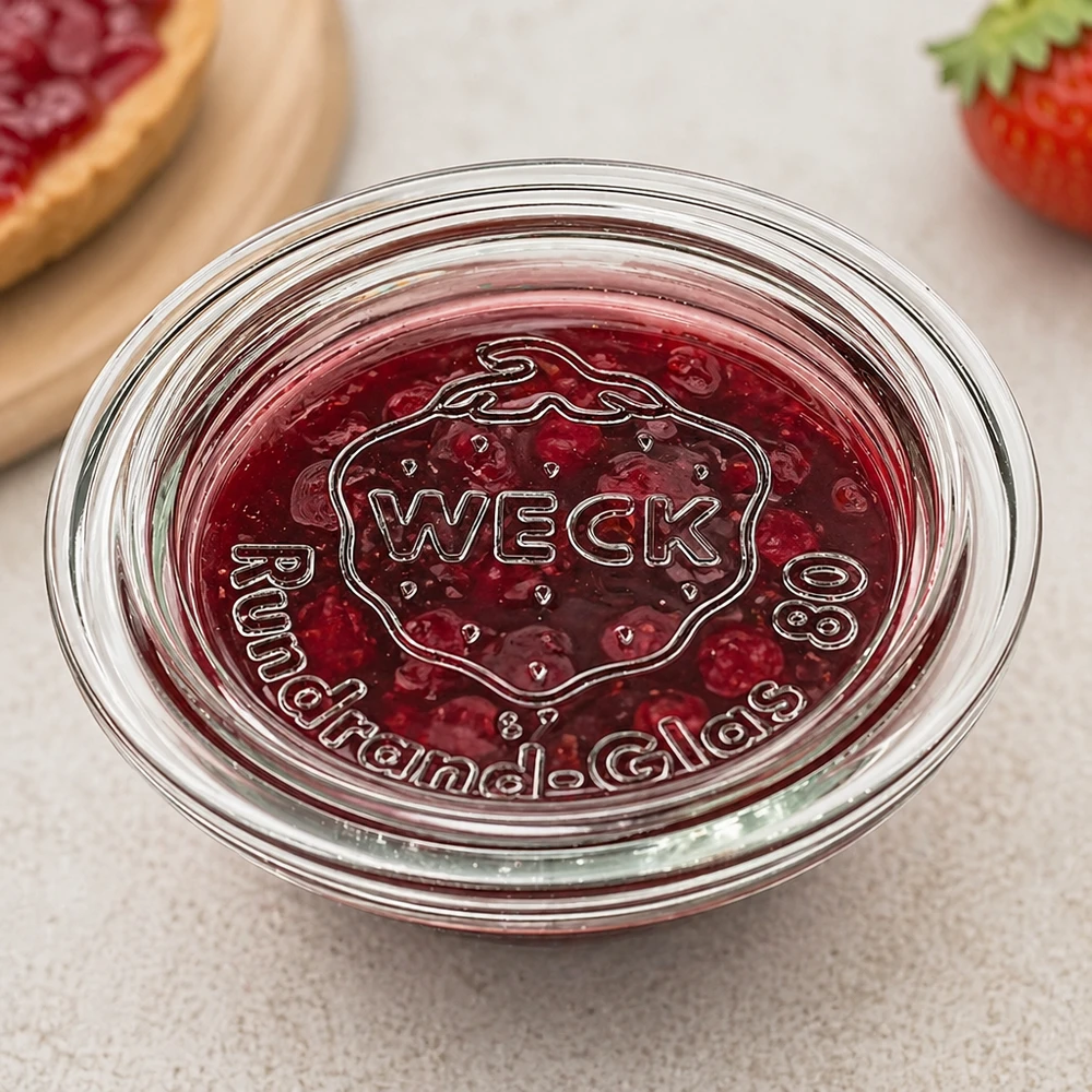 WECK Glasdeckel RR80 WECK Glasdeckel RR80 mit eingelegter Marmelade zeigt praktische Anwendung als luftdichter Verschluss für Konserven