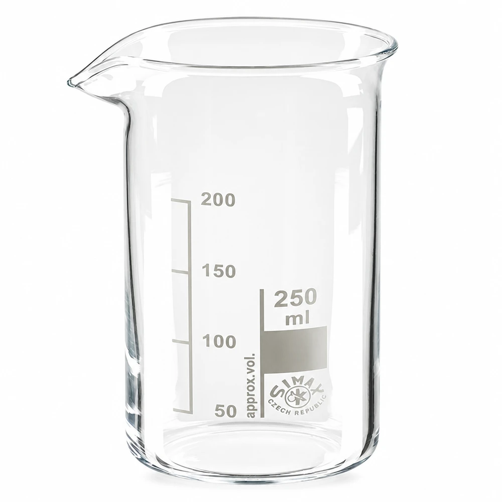 Becherglas 250ml Borosilikatglas, hohe Form Becherglas 250ml hohe Form aus Borosilikatglas mit Skalierung für professionellen Laboreinsatz