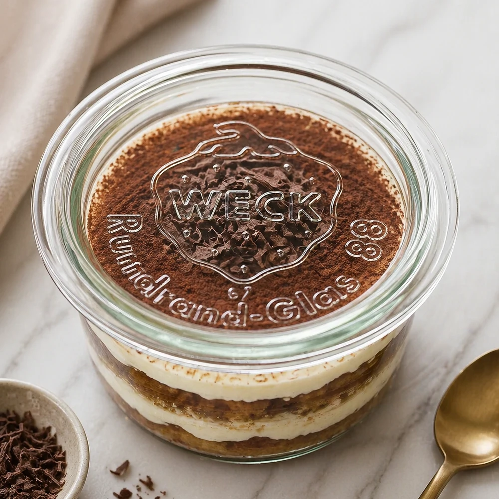 WECK Glasdeckel RR80 WECK Glasdeckel RR80 auf Tiramisu-Dessert im Weckglas mit geprägtem Logo und Kakao-Bestäubung als Küchenszene