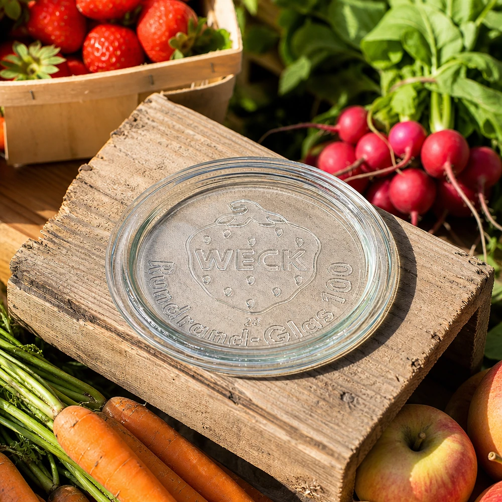 WECK Glasdeckel RR100 WECK Glasdeckel RR100 auf Holzbrett mit frischem Gemüse Obst und Erdbeeren im Garten Ambiente