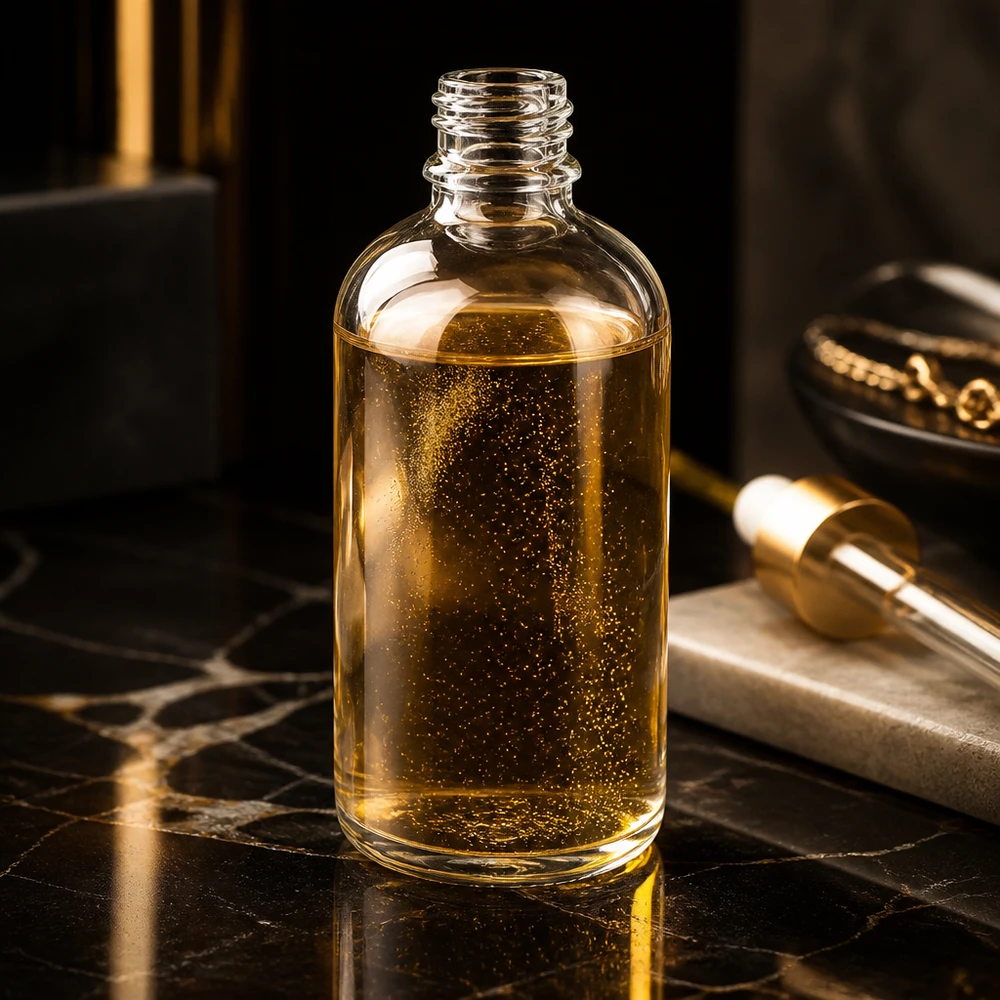 100ml Apothekenflasche ClearLine UT18/100 UNiTWIST 100ml Apothekerflasche ClearLine DIN18 aus Klarglas mit Goldserum und Tropfpipette auf Marmor