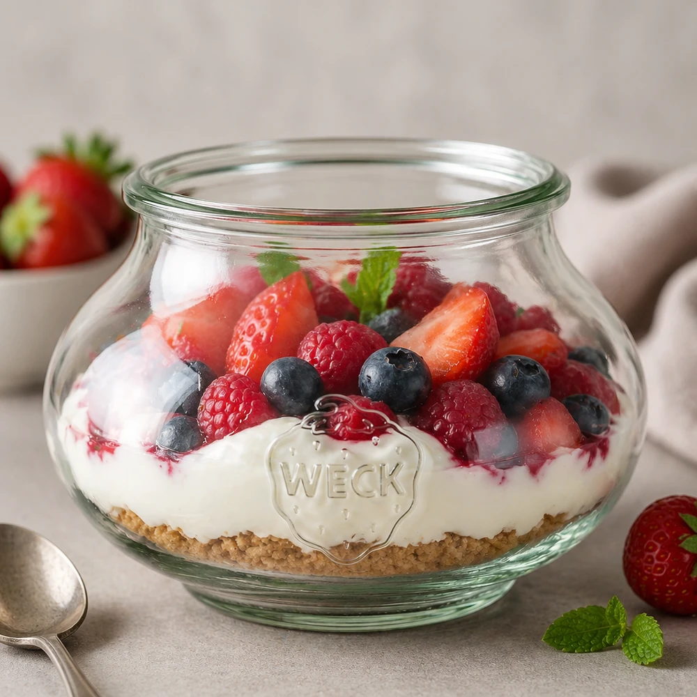 560ml Schmuckglas WECK RR80 WECK Schmuckglas 560ml RR80 als Dessertschale für Beerentrifle mit Joghurt und Keksboden im Gastronomieeinsatz