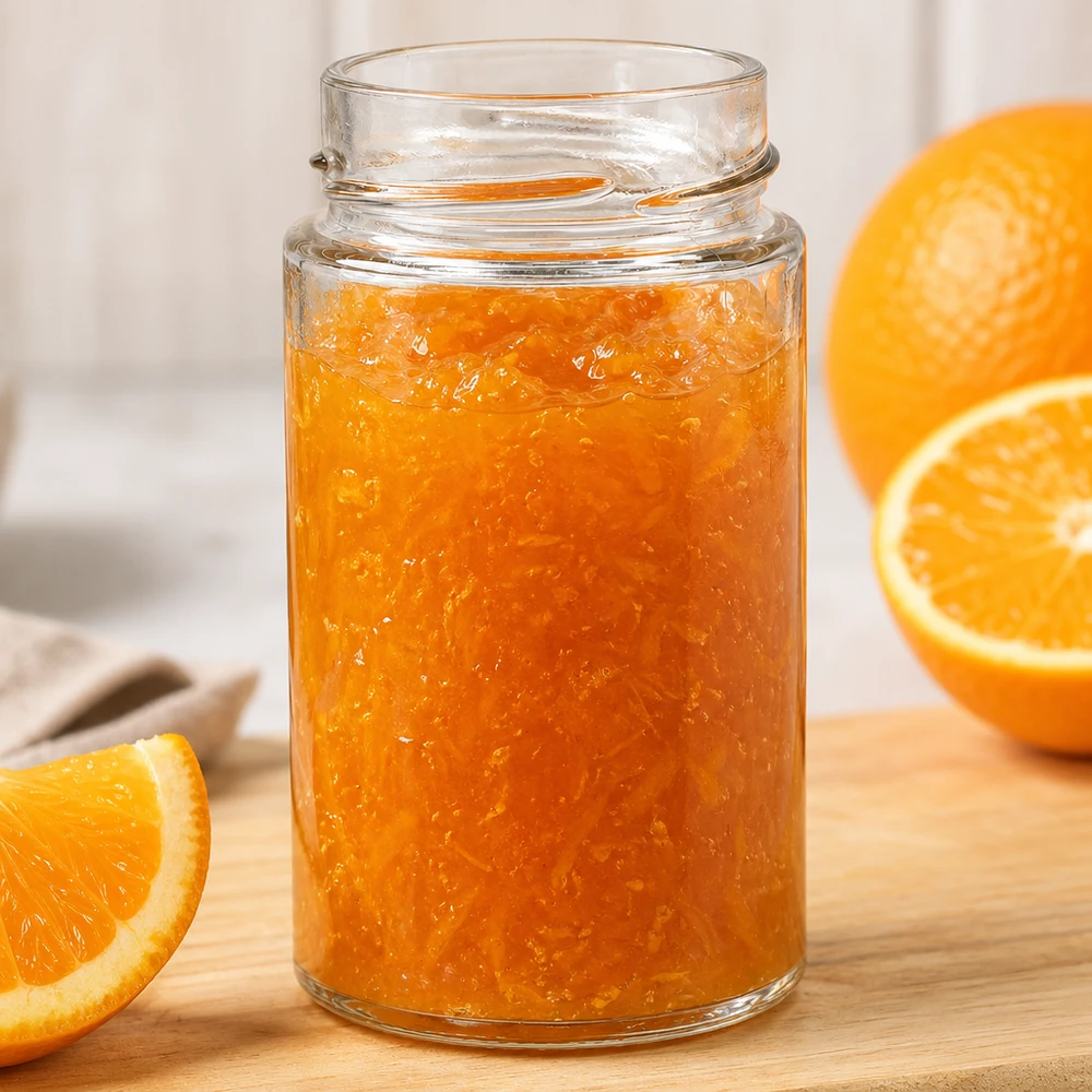 UNiTWIST Runda245 Rundglas 245ml mit Orangenmarmelade gefüllt auf Holzbrett neben frischen Orangenscheiben