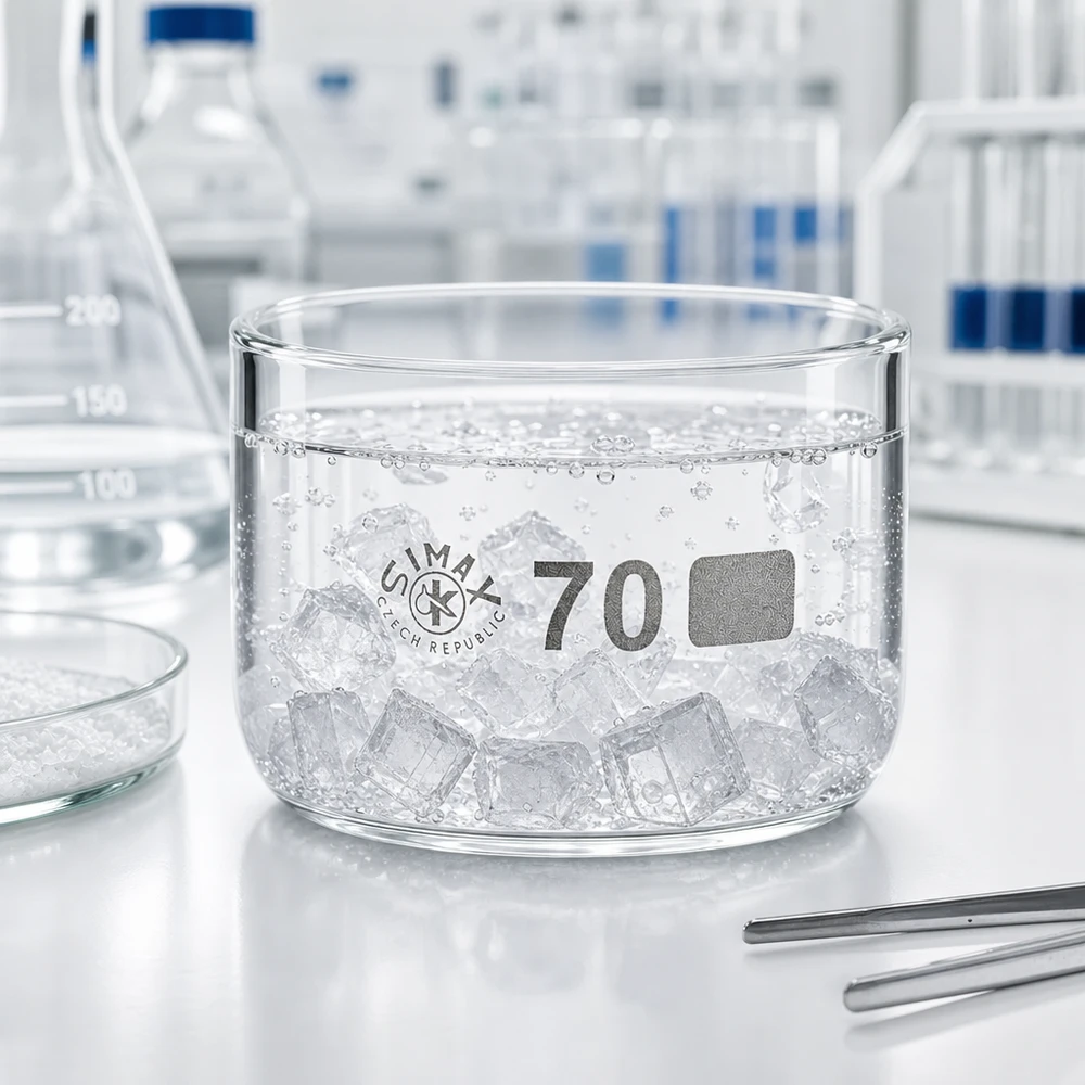 100ml Kristallisierschale ohne Ausguss Borosilikat ø70mm Simax Kristallisierschale 100ml Borosilikatglas ohne Ausguss Ø70mm mit Eiswürfeln im Labor