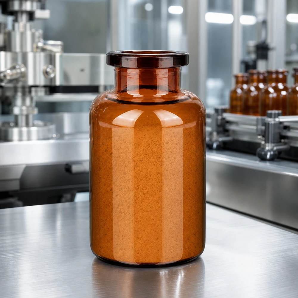 Injektionsflasche Braunglas 20ml für pharmazeutischen Einsatz auf Edelstahloberfläche im Abfüllbetrieb