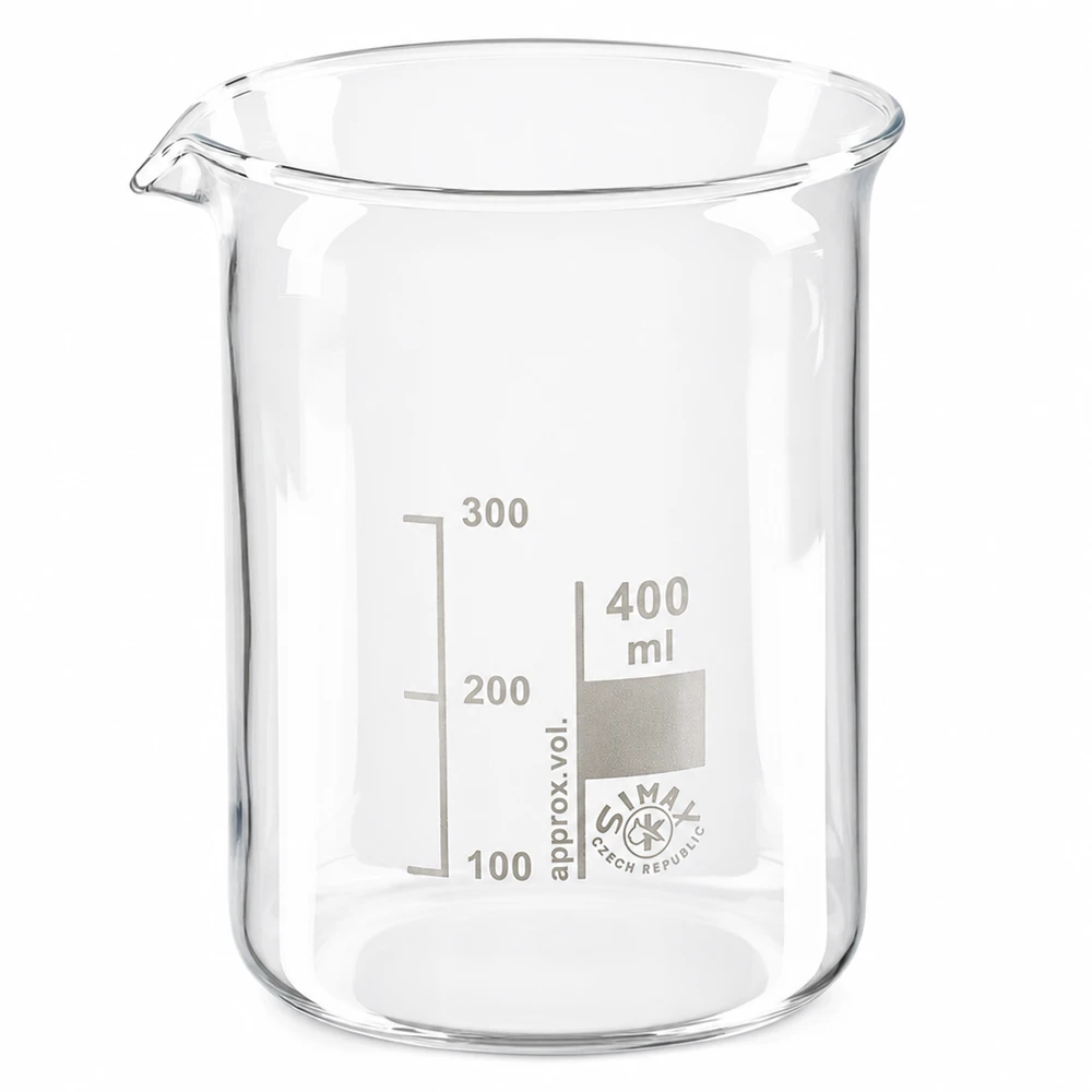 Becherglas 400ml Borosilikatglas, niedrige Form Becherglas 400ml Borosilikatglas niedrige Form mit Ausguss für professionellen Laborbedarf bei Pacadura