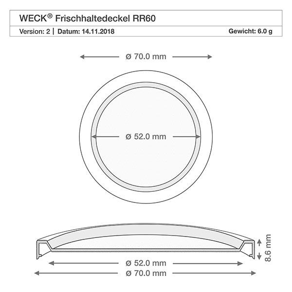 WECK Frischhaltedeckel RR60 Technische Zeichnung WECK Frischhaltedeckel RR60 mit Maßangaben 70mm Außendurchmesser 52mm Innendurchmesser