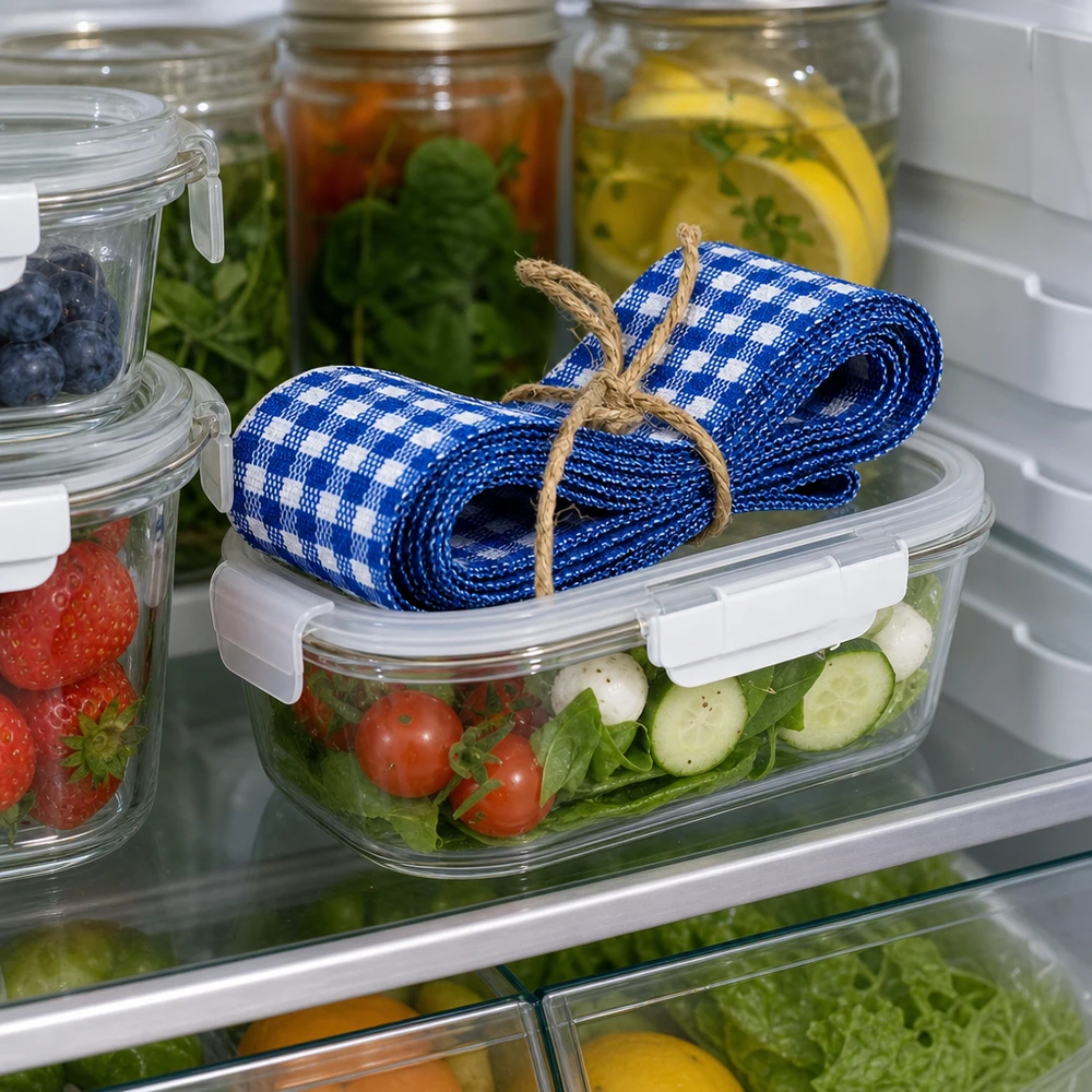 Stoffband blau/weiss zum Dekorieren 300cm Blau-weißes Stoffband 300cm dekorativ im Kühlschrank auf Salatbox zwischen Gemüse und Konservengläsern