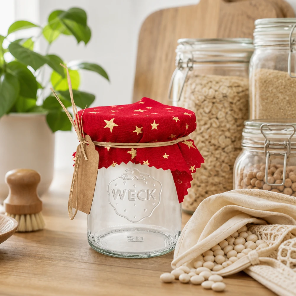 Stoff Schmuckdeckchen rot "Sterne" 12cm eckig Rotes Schmuckdeckchen mit Sternen 12cm auf WECK Glas in nachhaltiger Zero-Waste Küche mit Hülsenfrüchten
