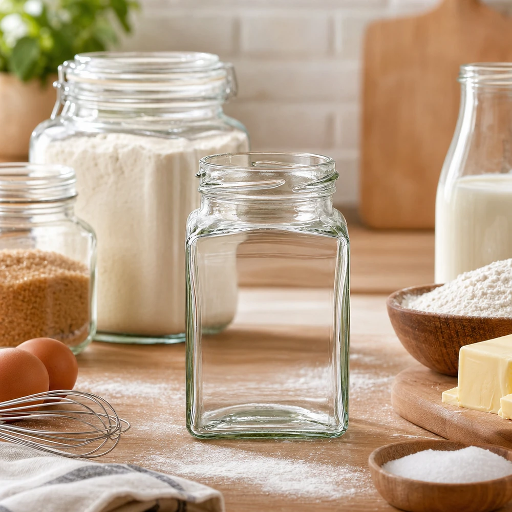Leeres UNiTWIST Tetra260 4-Eckglas 260ml TO58 auf Küchenarbeitsplatte mit Backzutaten und Vorratsgläsern