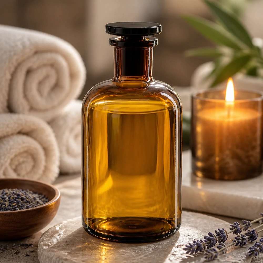 Braune Rundschulterflasche 500ml Enghals mit Glasstopfen für professionellen Einsatz im Fachhandel