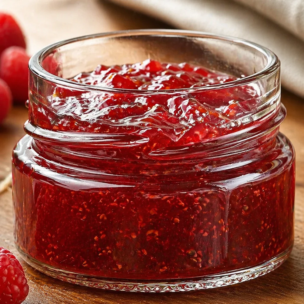 UNiTWIST Runda80 Rundglas 80ml TO58deep mit roter Marmelade gefüllt auf Holzuntergrund mit Beeren