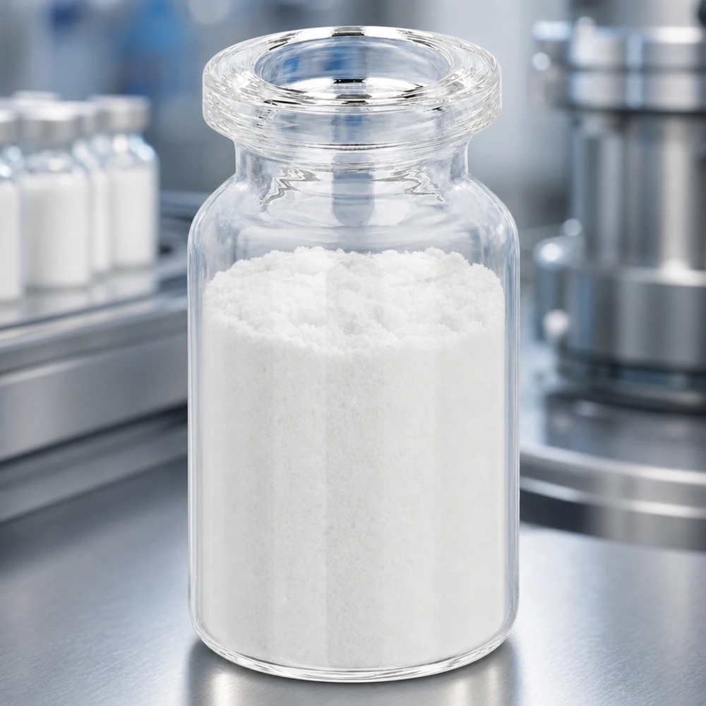 Injektionsflasche Klarglas 5ml mit weißem Pulver gefüllt für pharmazeutischen Einsatz im Labor