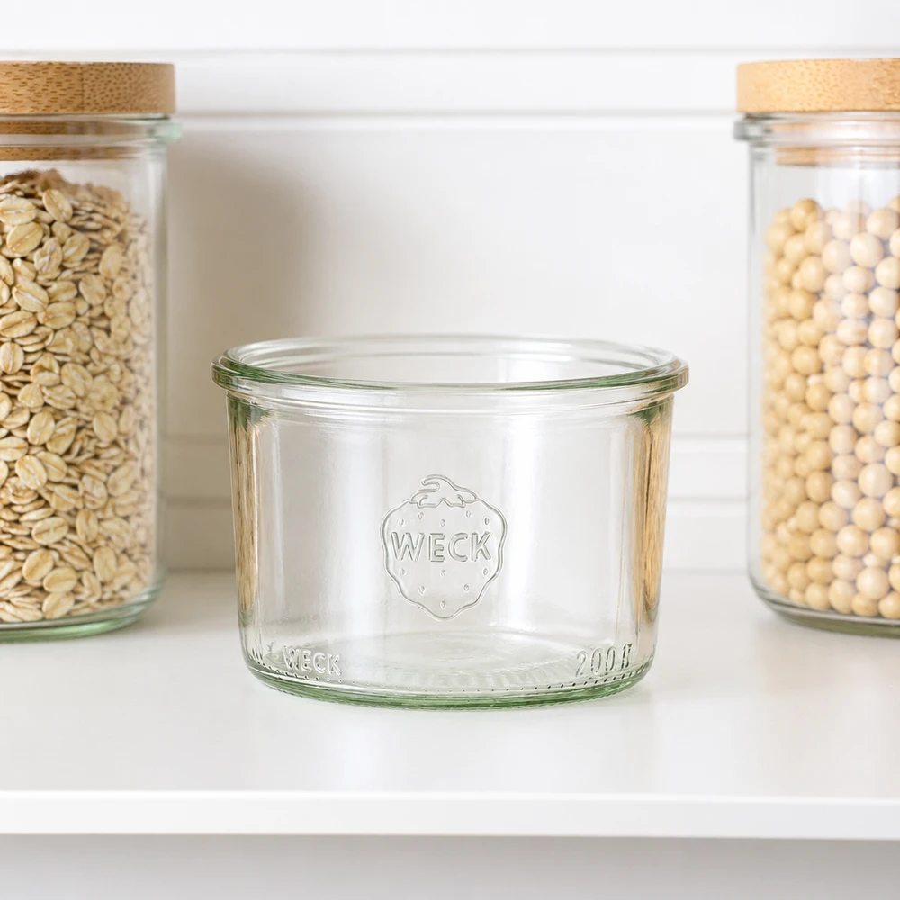 200ml WECK Sturzglas RR80 mit Logo auf weißem Regal neben Vorratsgläsern mit Getreide und Hülsenfrüchten