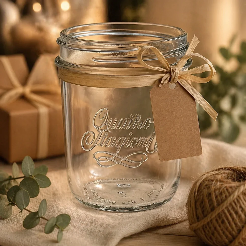 320ml Quattro Stagioni Einmachglas mit Schleifenband und Geschenkanhänger als Dekoration auf rustikalem Holztisch