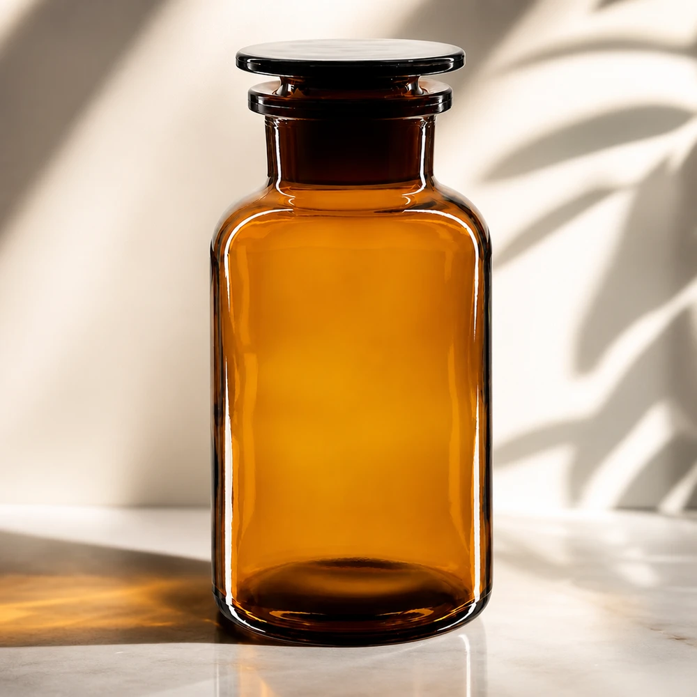Braune Weithals-Rundschulterflasche 500ml aus Glas mit Glasstopfen für Labor und Gewerbe