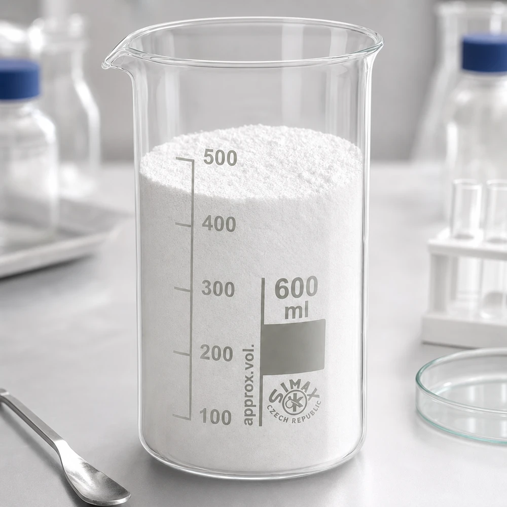 Becherglas 600 ml hohe Form aus Borosilikatglas mit weißem Pulver im Labor von Simax Czech Republic