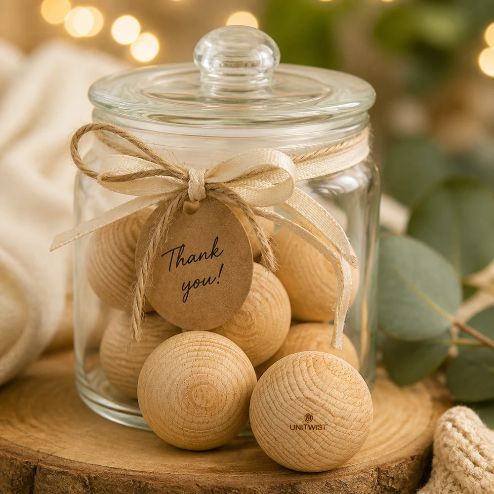 UNiTWIST Holzkugel (Buche) für WECK RR60 UNiTWIST Holzkugeln Buche WECK RR60 im Geschenkglas mit Dankeschön-Anhänger rustikale Dekoration Holzknöpfe