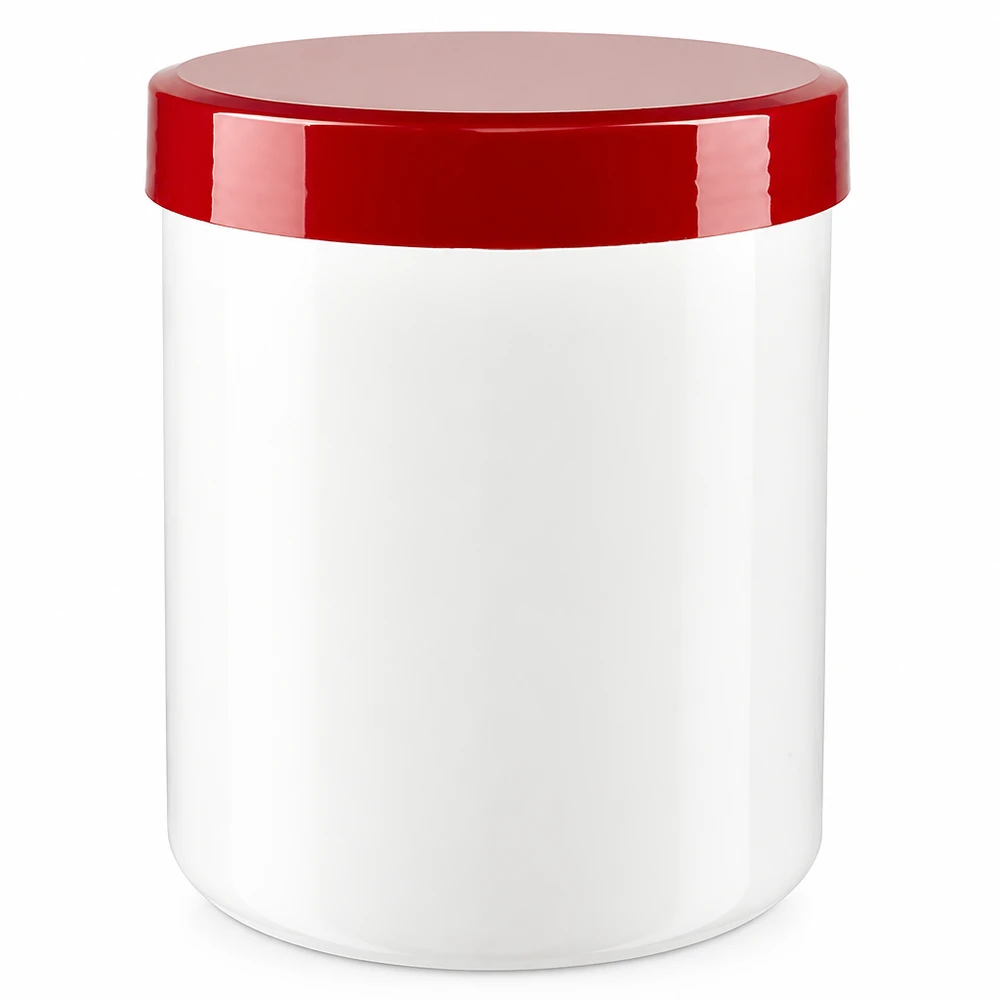 Salbenkruke 500g weiß mit rotem Schraubdeckel (Polypropylen) Salbenkruke 500g weiß mit rotem PP-Schraubdeckel für professionelle Abfüllung im Fachhandel